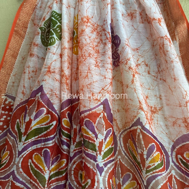 Maheshwari Orange Batik Indonesian Print Saree IBS042