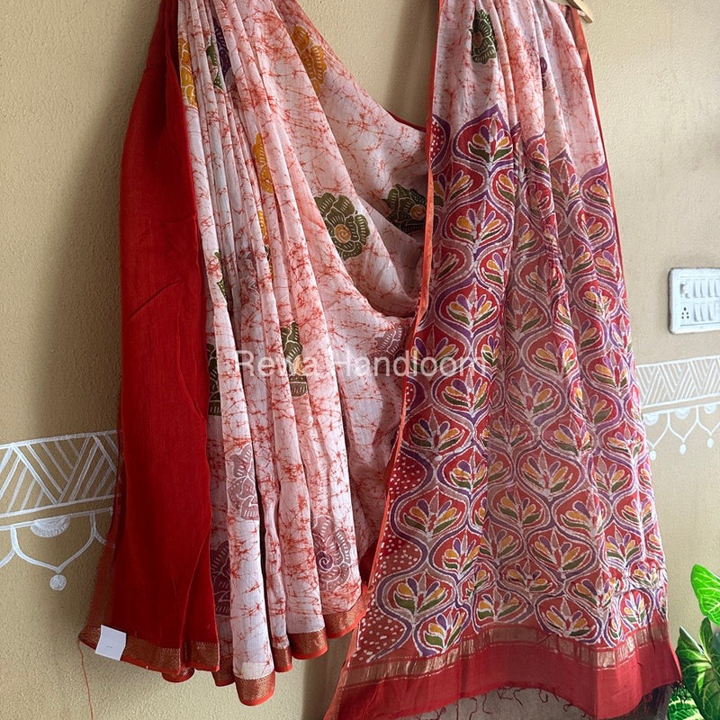 Maheshwari Orange Batik Indonesian Print Saree IBS042