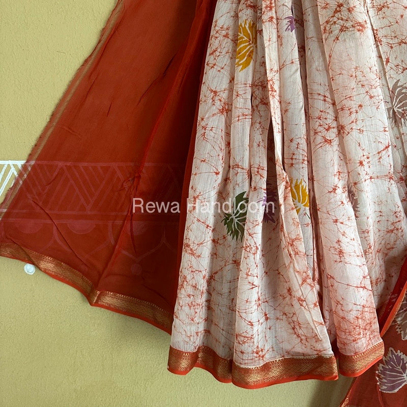 Maheshwari Orange Batik Indonesian Print Saree IBS057
