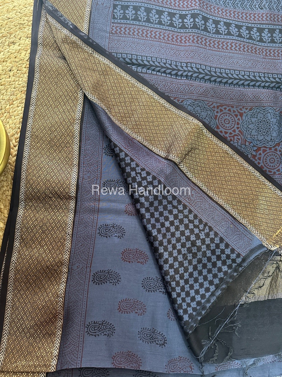 Maheshwari Dark Grey Bagh Print Saree BPSS066