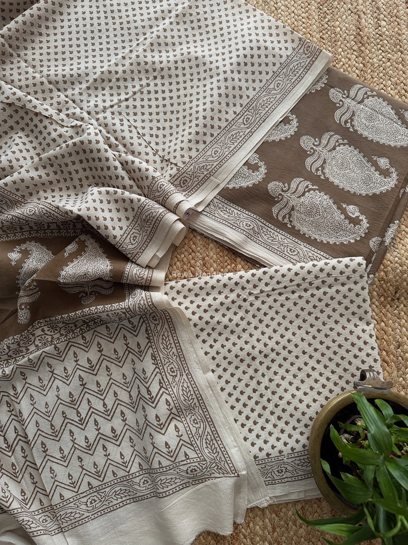 Beige-White Bagh Print Cotton Suit BCSP0172