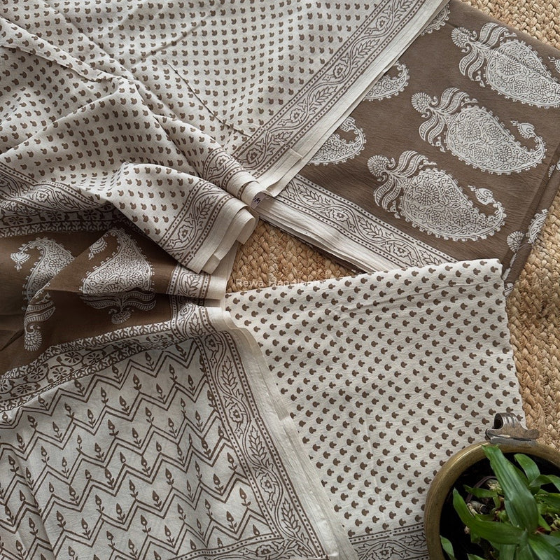 Beige-White Bagh Print Cotton Suit BCSP0172