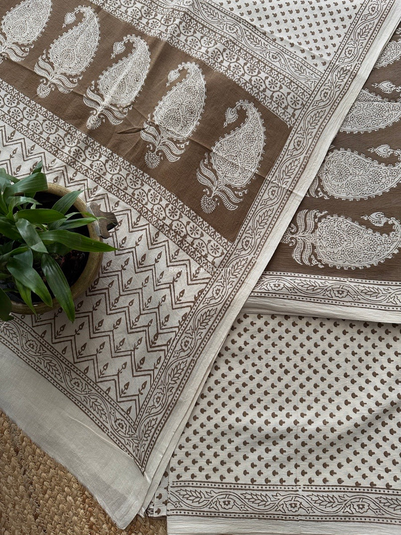 Beige-White Bagh Print Cotton Suit BCSP0172