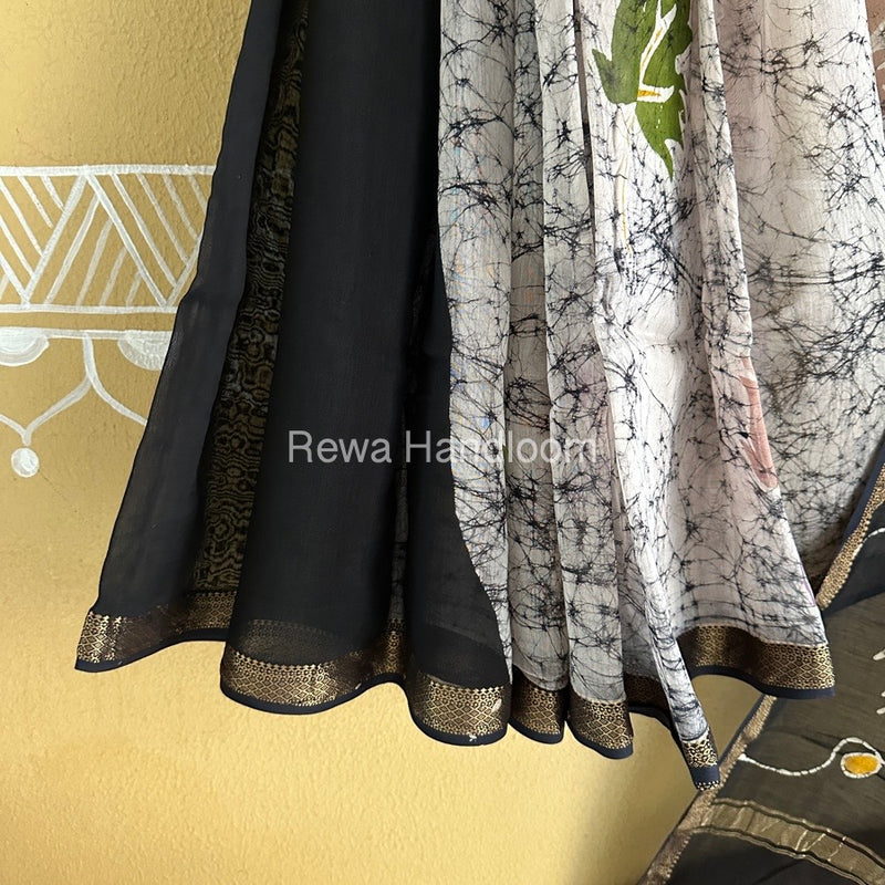 Maheshwari Black Batik Indonesian Print Saree IBS054