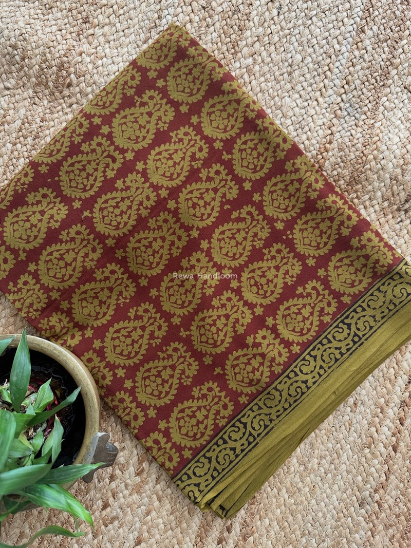 Maroon-Mehendi Green Bagh Print Cotton Suit BCSP0166