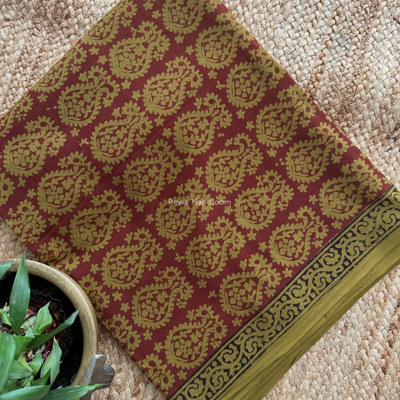 Maroon-Mehendi Green Bagh Print Cotton Suit BCSP0166