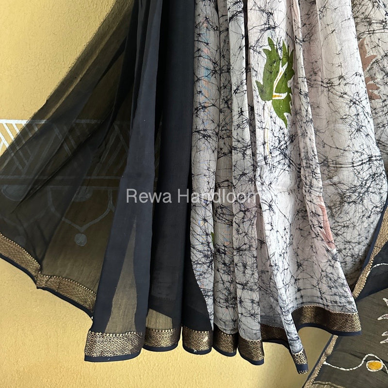 Maheshwari Black Batik Indonesian Print Saree IBS054