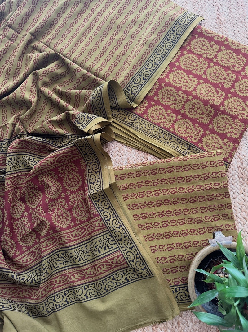 Maroon-Mehendi Green Bagh Print Cotton Suit BCSP0166