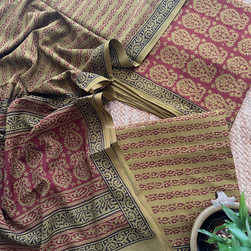 Maroon-Mehendi Green Bagh Print Cotton Suit BCSP0166