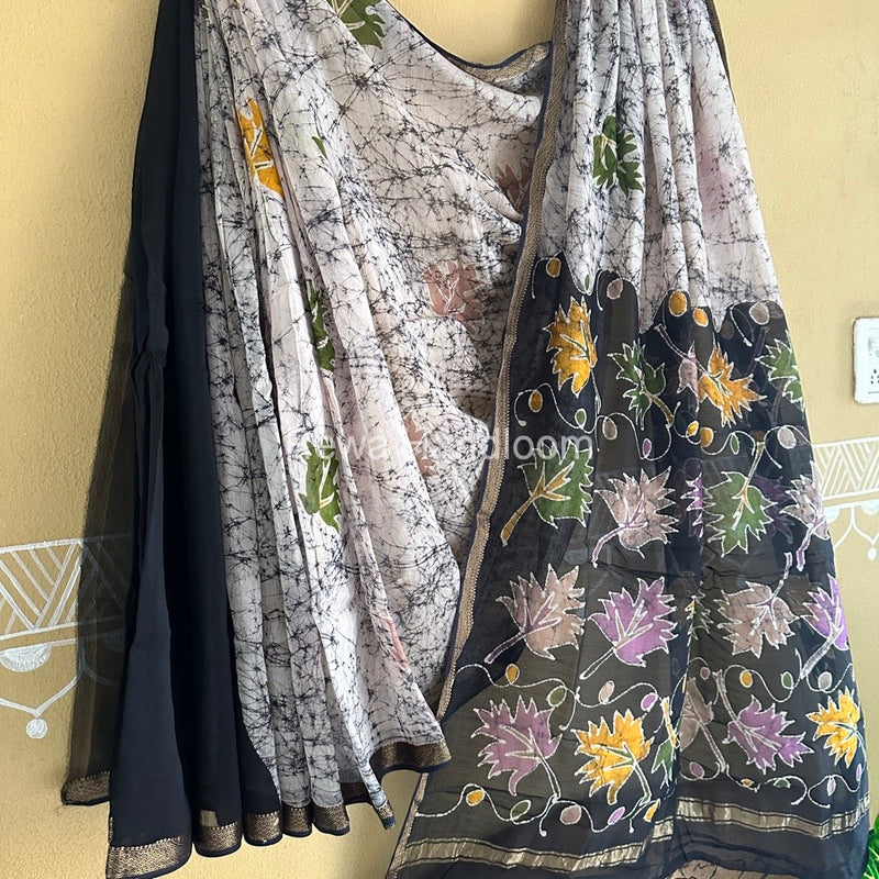 Maheshwari Black Batik Indonesian Print Saree IBS054