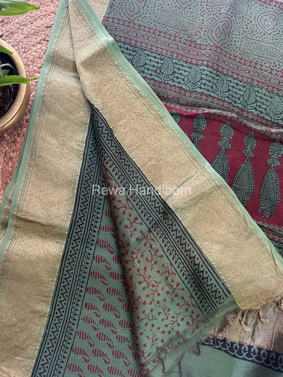 Maheshwari Mehendi Green Bagh Print Saree BPSS036