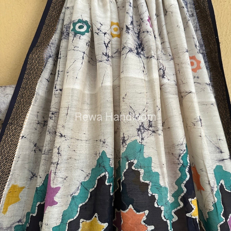Maheshwari Blue Batik Indonesian Print Saree IBS048