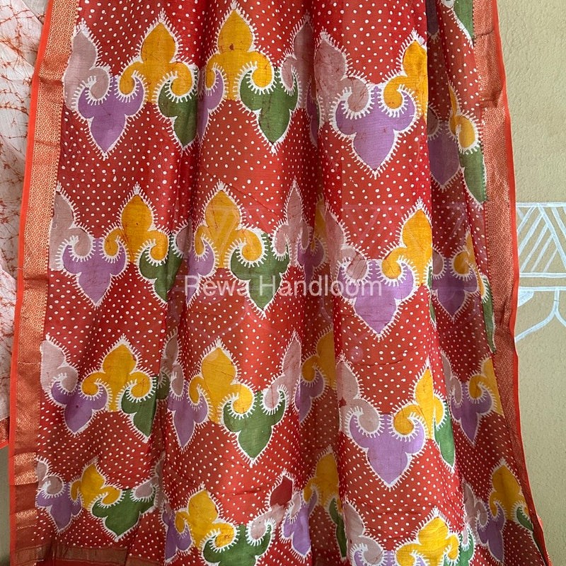 Maheshwari Rust Orange Batik Indonesian Print Saree IBS026