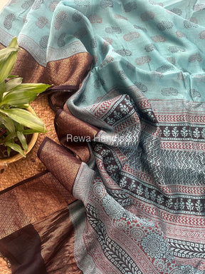 Maheshwari Sea Green Bagh Print Saree BPSS021