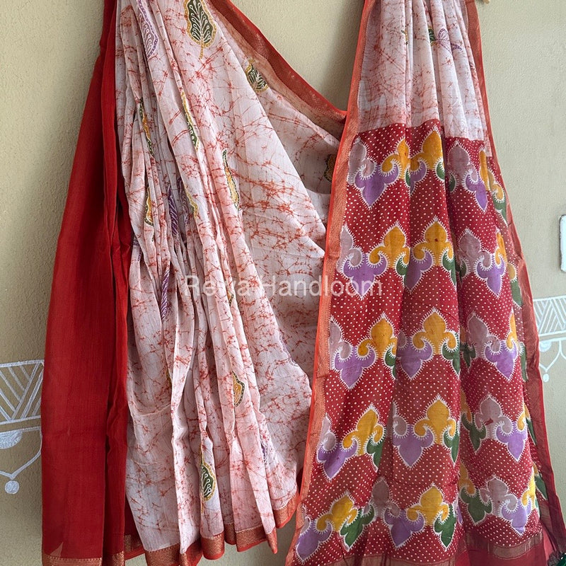 Maheshwari Rust Orange Batik Indonesian Print Saree IBS026