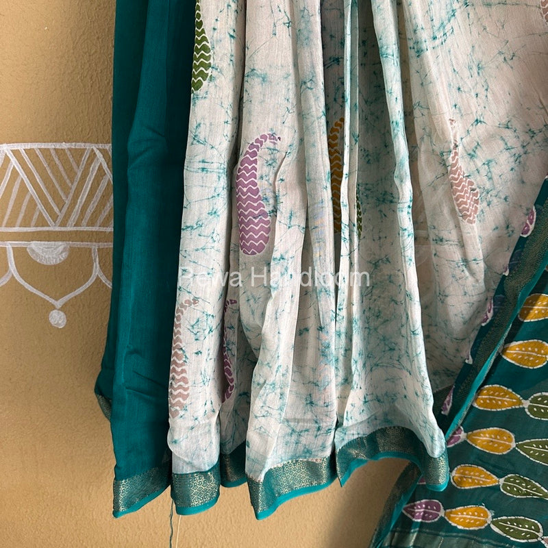 Maheshwari Sea Green Batik Indonesian Print Saree IBS029