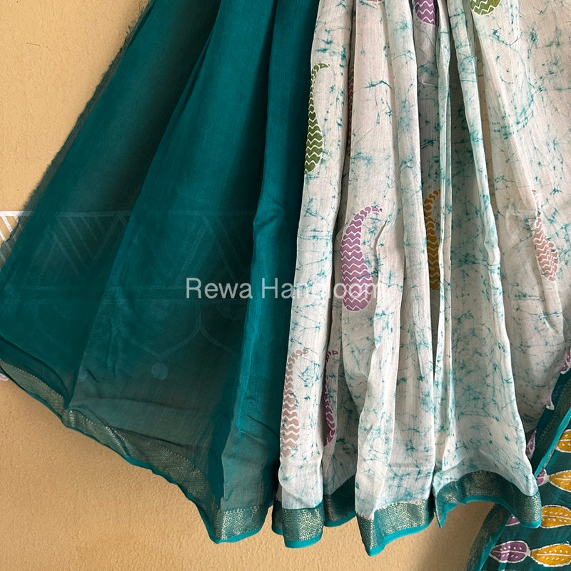 Maheshwari Sea Green Batik Indonesian Print Saree IBS029