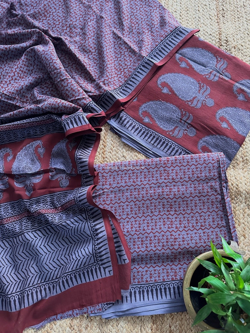 Maroon-Dark Lavender Bagh Print Cotton Suit BCSP0171
