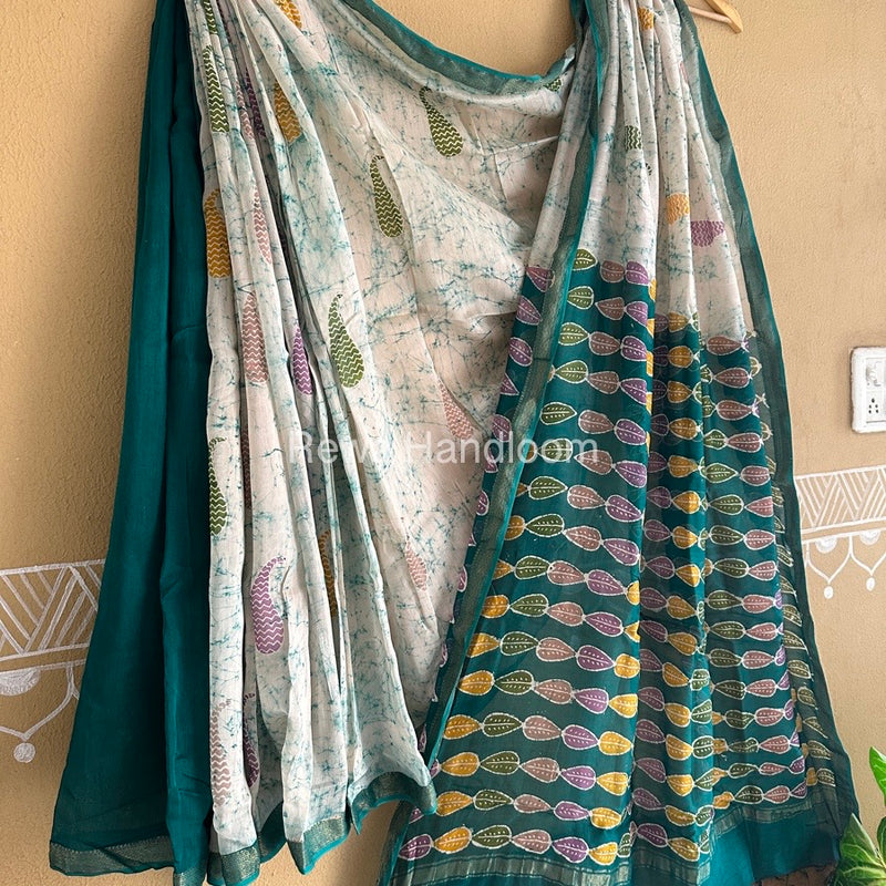 Maheshwari Sea Green Batik Indonesian Print Saree IBS029