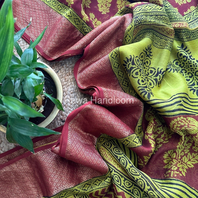Maheshwari Parrot Green Bagh Print Saree BPSS060