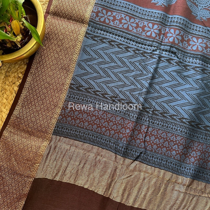 Maheshwari Blue Grey Bagh Print Saree BPSS055