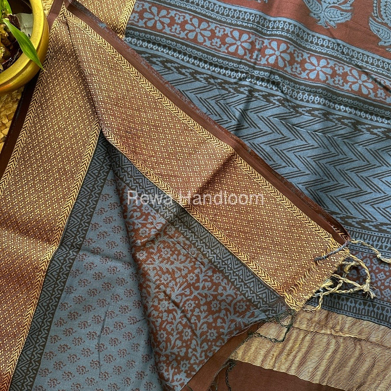Maheshwari Blue Grey Bagh Print Saree BPSS055