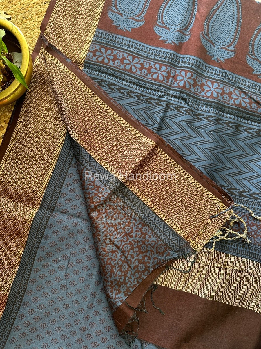 Maheshwari Blue Grey Bagh Print Saree BPSS055