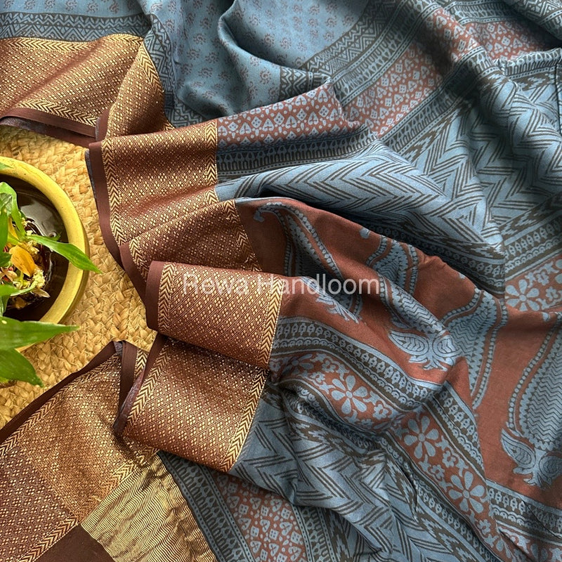 Maheshwari Blue Grey Bagh Print Saree BPSS055