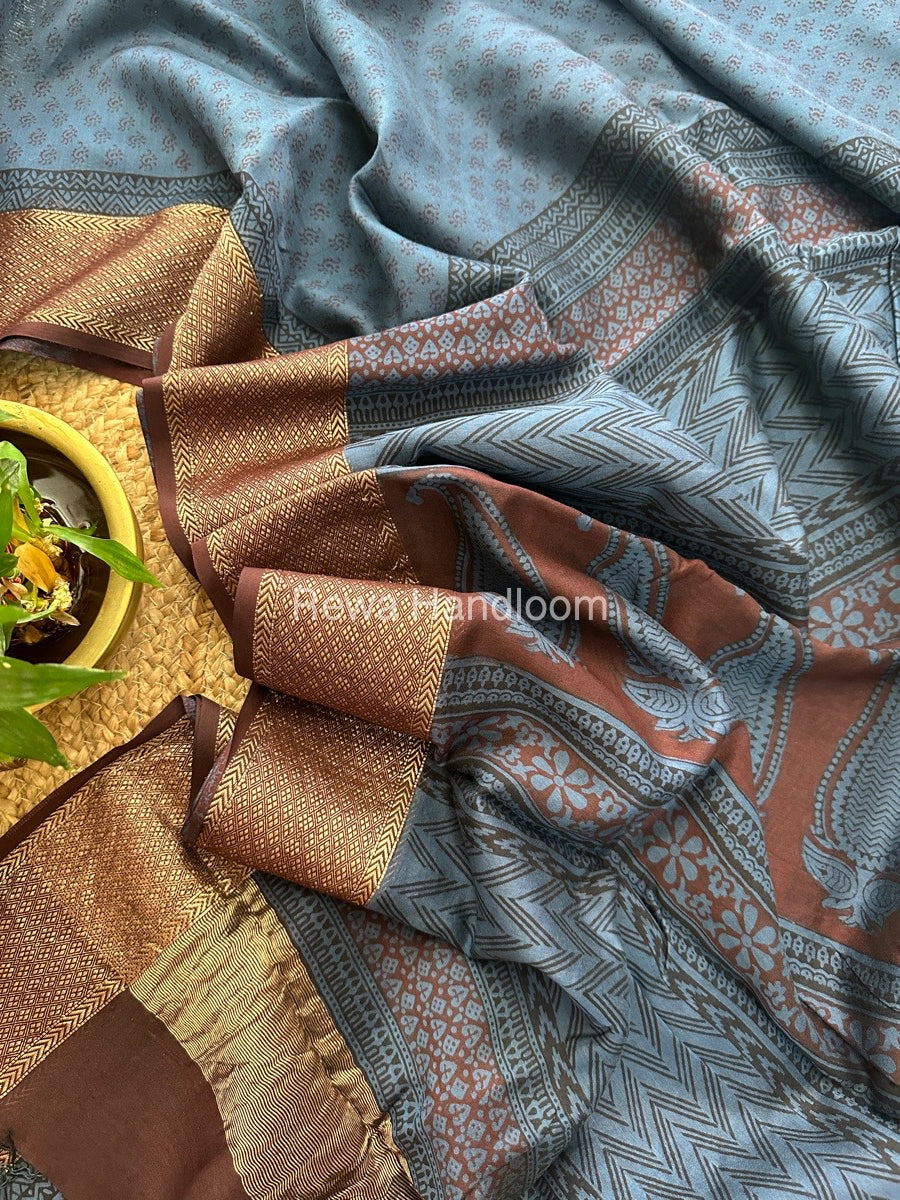 Maheshwari Blue Grey Bagh Print Saree BPSS055