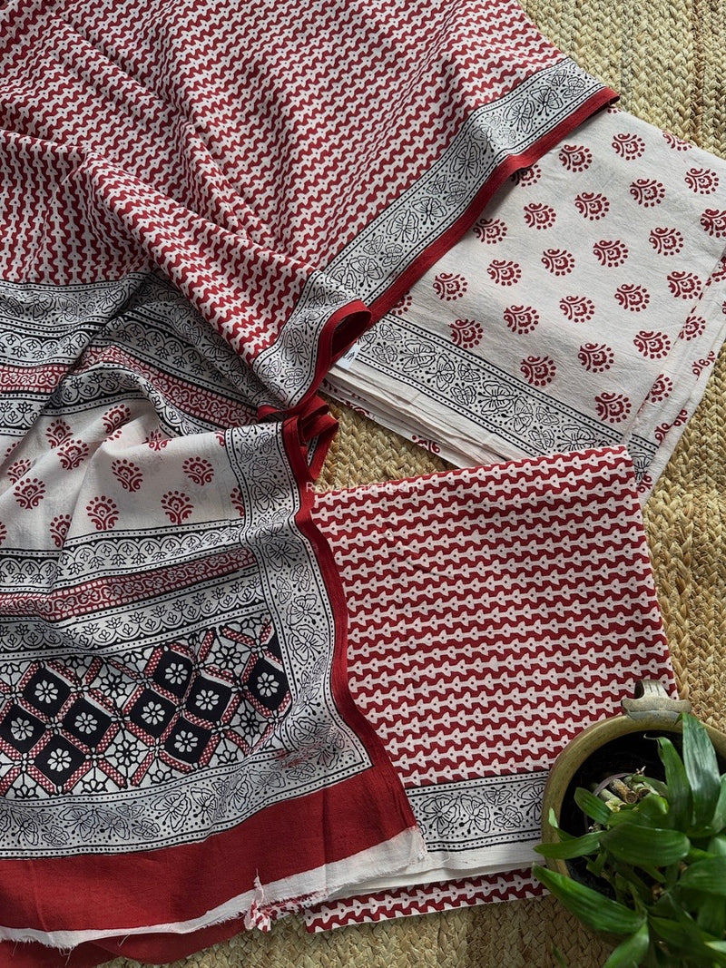White-Red Bagh Print Cotton Suit BCSP0175