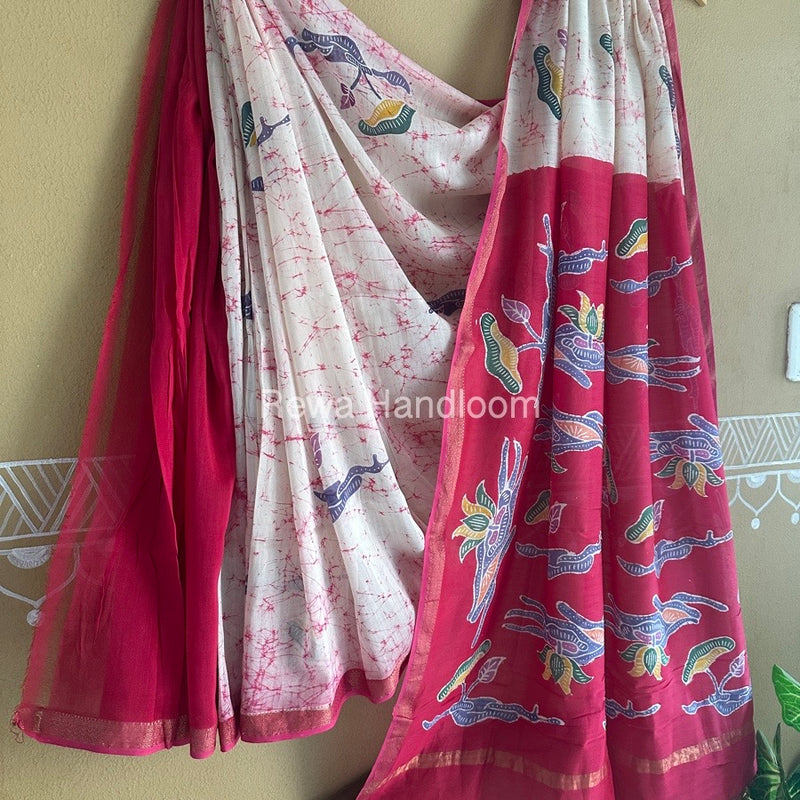 Maheshwari Dark Pink Batik Indonesian Print Saree IBS024