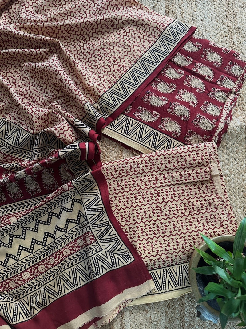 Maroon-Cream Bagh Print Cotton Suit BCSP0174