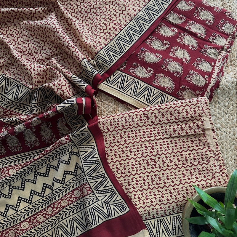 Maroon-Cream Bagh Print Cotton Suit BCSP0174