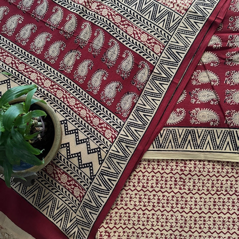 Maroon-Cream Bagh Print Cotton Suit BCSP0174