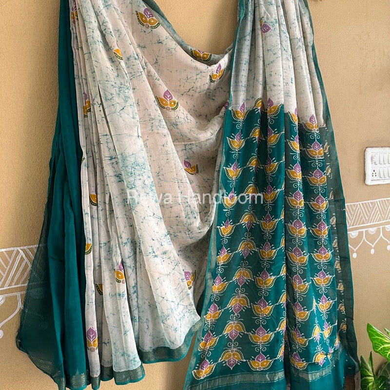Maheshwari Green Batik Indonesian Print Saree IBS034