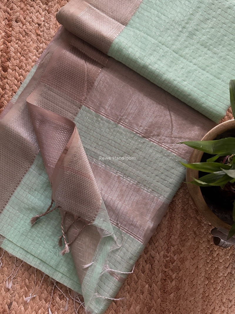Maheshwari Sea Green Silver Zari Checks Silk Saree SZ077