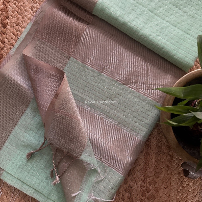Maheshwari Sea Green Silver Zari Checks Silk Saree SZ077