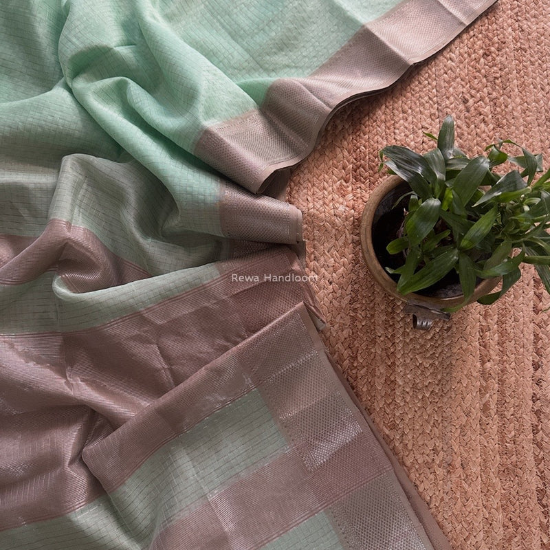 Maheshwari Light Aqua Green Silver Zari Checks Silk Saree SZ075