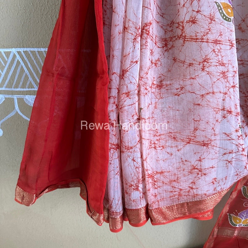 Maheshwari Orange Batik Indonesian Print Saree IBS033