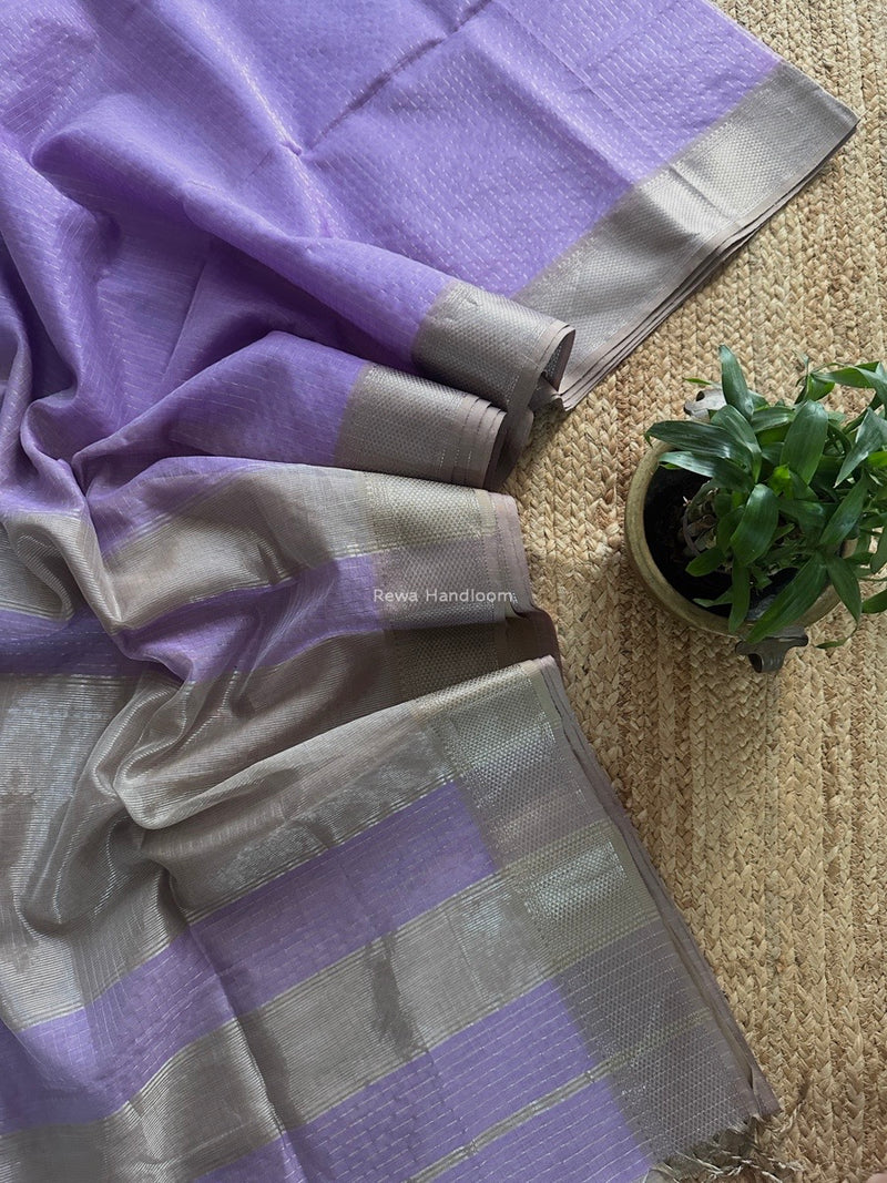 Maheshwari Lavender Silver Zari Checks Silk Saree SZ076