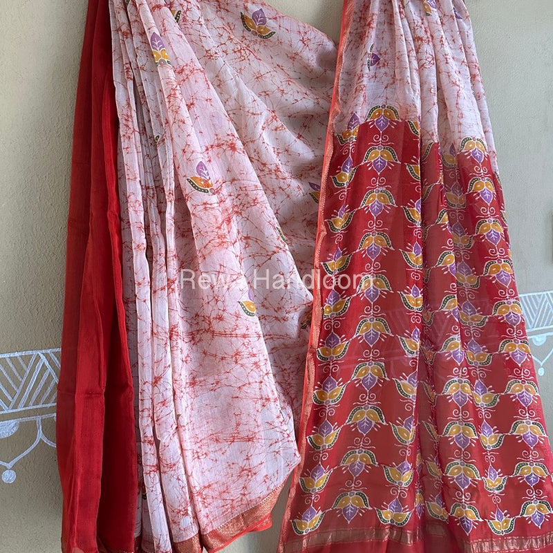 Maheshwari Orange Batik Indonesian Print Saree IBS033