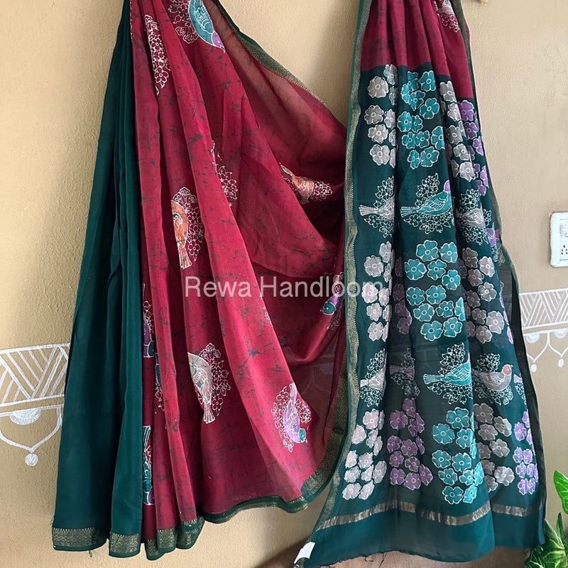 Maheshwari Maroon Batik Indonesian Print Saree IBS028