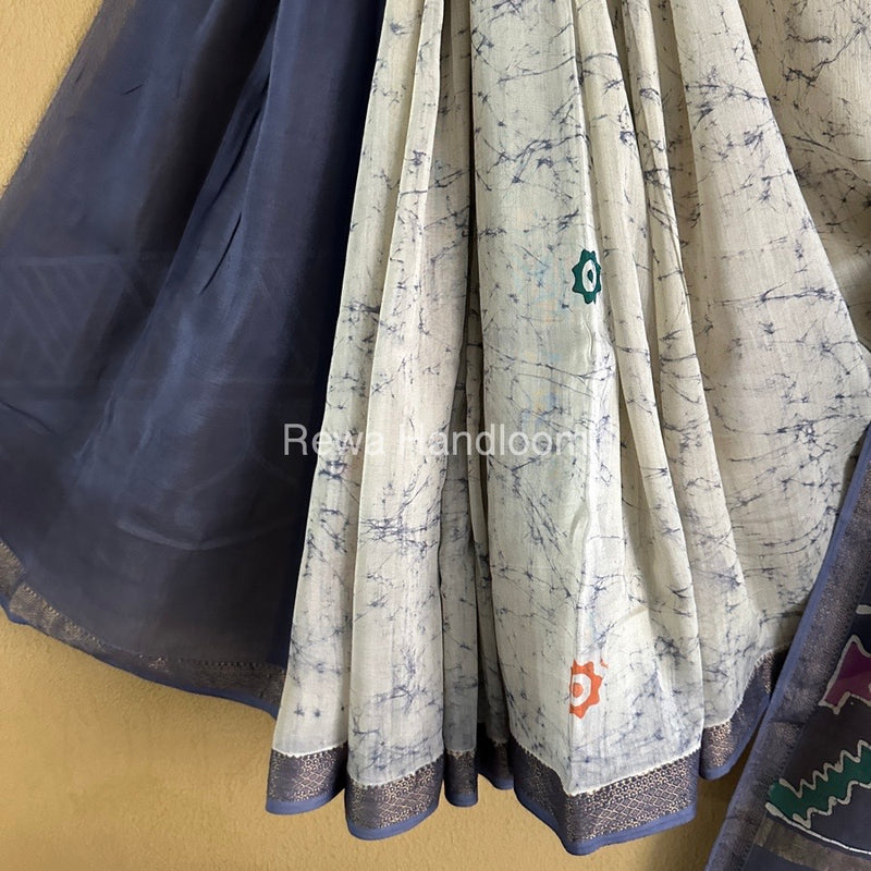 Maheshwari Grey Batik Indonesian Print Saree IBS021