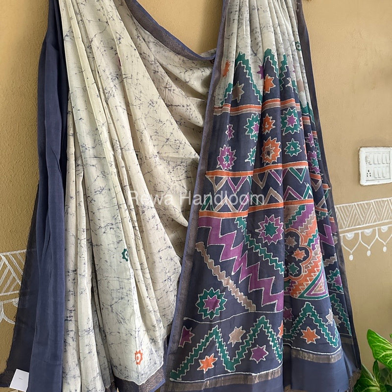 Maheshwari Grey Batik Indonesian Print Saree IBS021