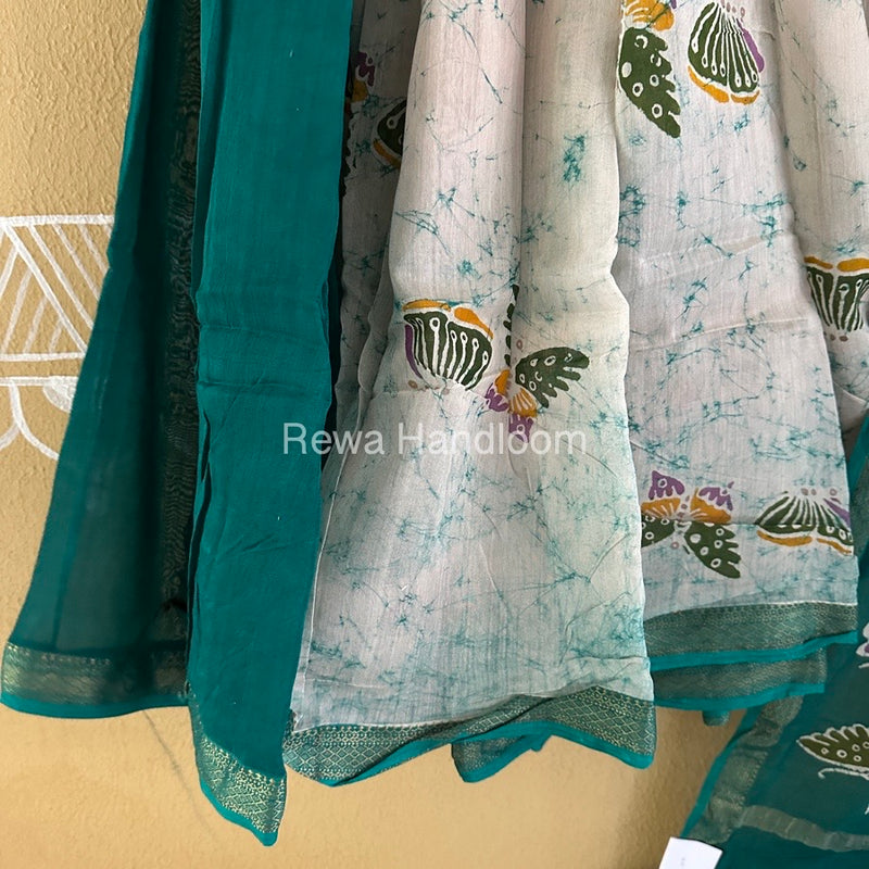 Maheshwari Rama Green Batik Indonesian Print Saree IBS040