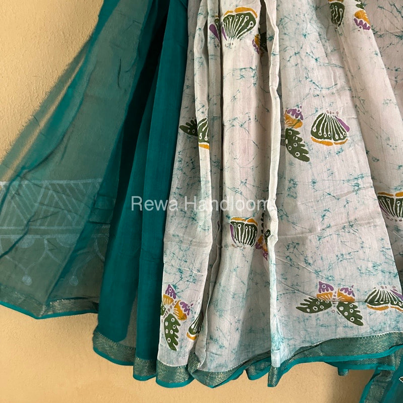 Maheshwari Rama Green Batik Indonesian Print Saree IBS040