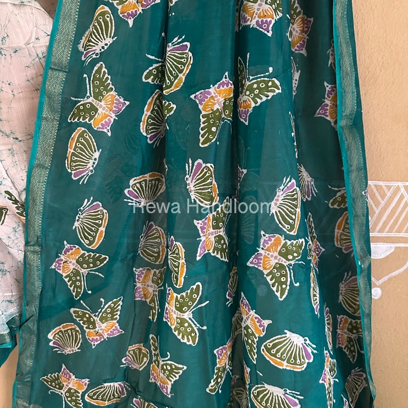 Maheshwari Rama Green Batik Indonesian Print Saree IBS040