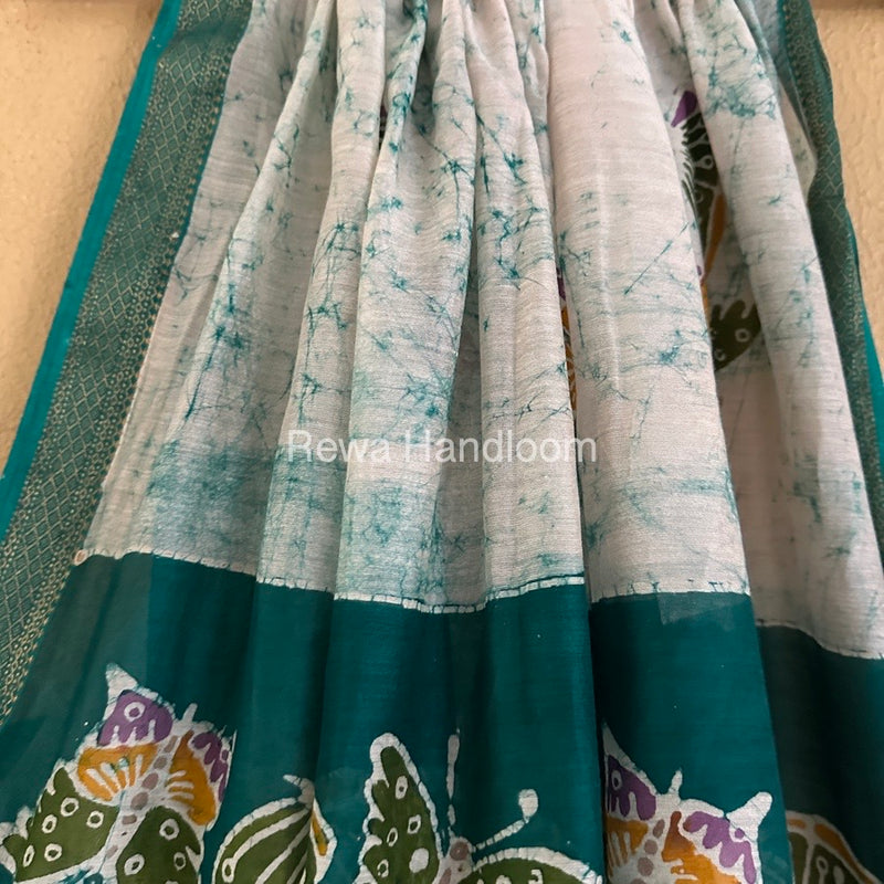 Maheshwari Rama Green Batik Indonesian Print Saree IBS040