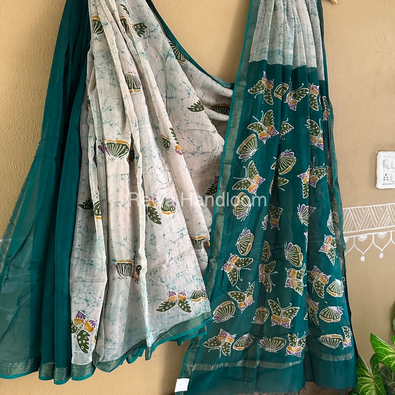 Maheshwari Rama Green Batik Indonesian Print Saree IBS040