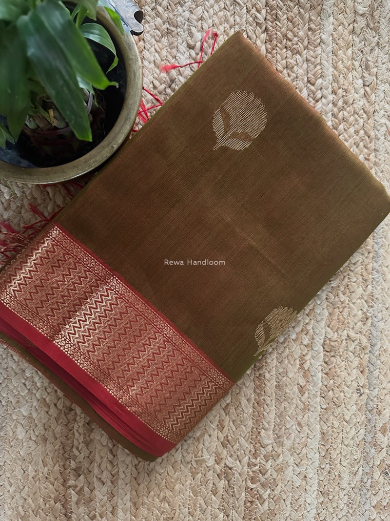 Mehendi Green Butta Zari Border Maheshwari Saree LLBS013